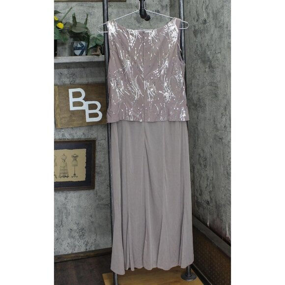 Alex Evenings Women's Tea Length Sequin Dress Pewter Brown / Frost 10 - Picture 2 of 14